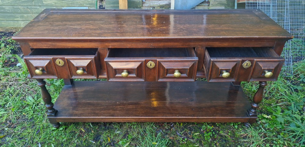 Solid Oak 3 drawer dresser base. View IV