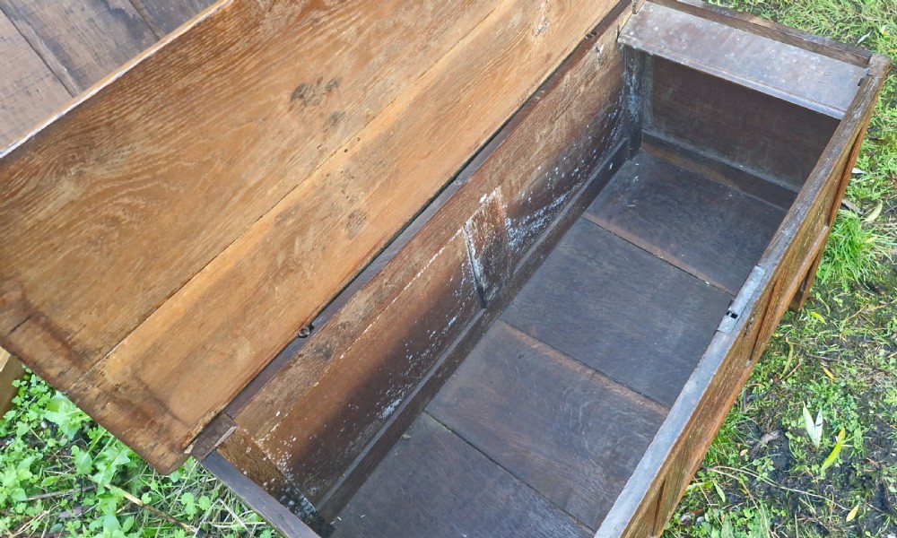 18th century west country carved oak coffer.  View II