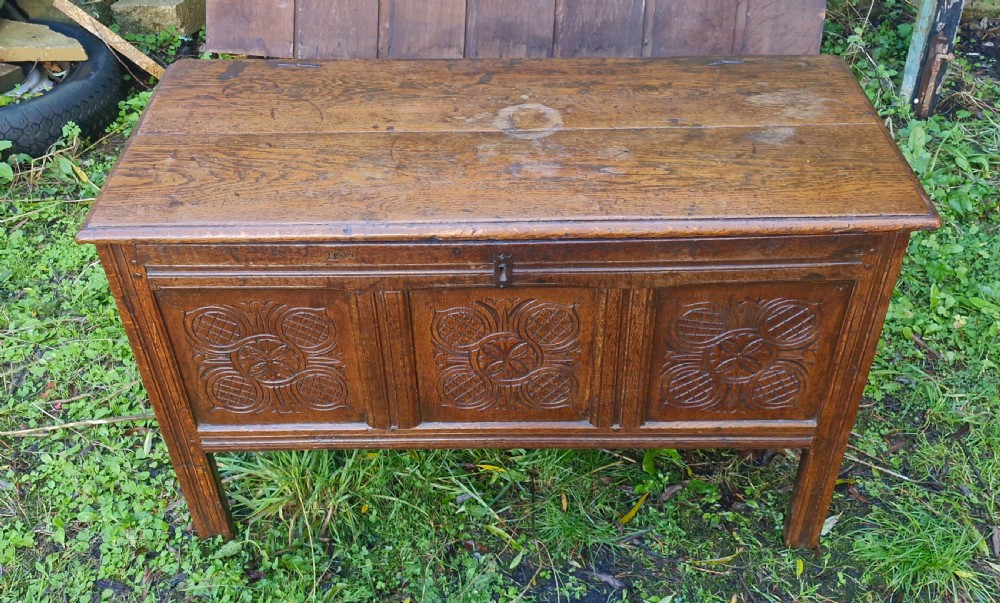 18th century west country carved oak coffer.  View V
