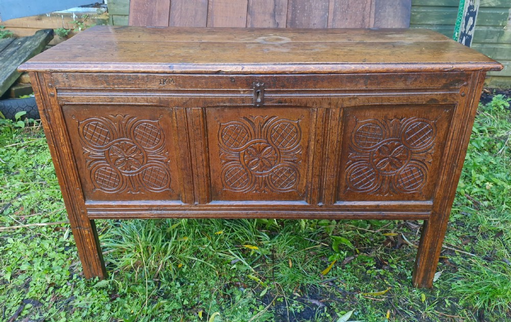 18th century west country carved oak coffer.  View VI