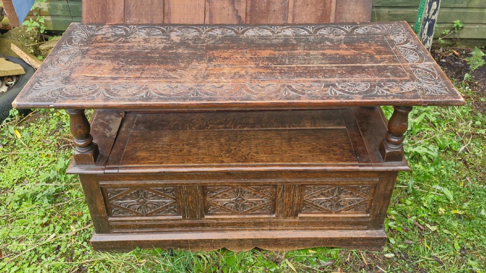 Late Victorian carved oak Monks seat. View VI
