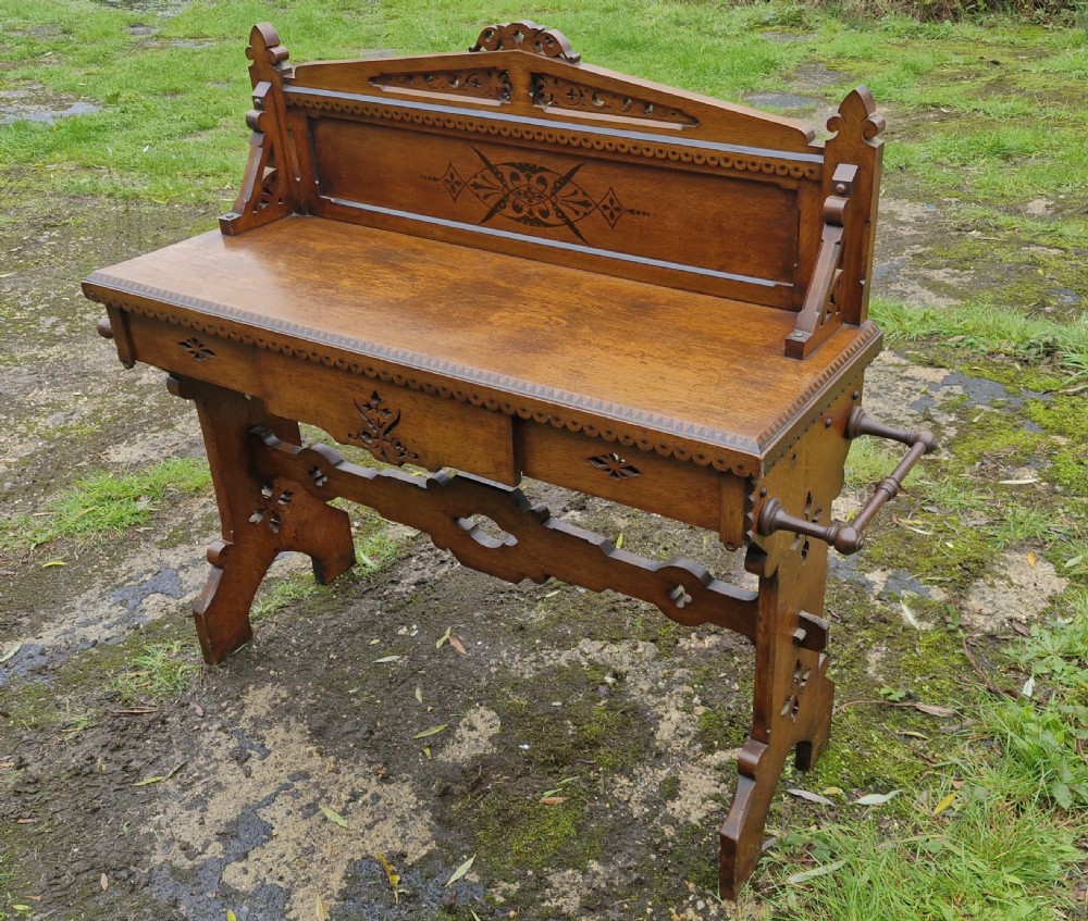 Victorian oak Gothic hall table.  View IV