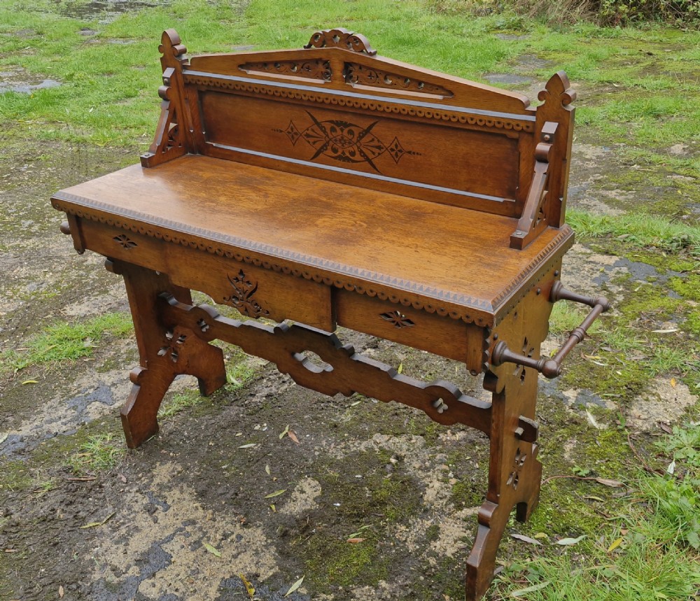 Victorian oak Gothic hall table.  View V