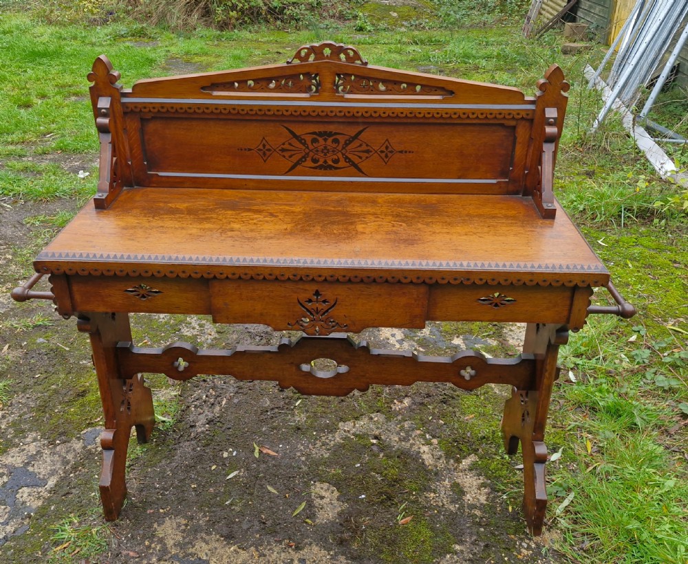 Victorian oak Gothic hall table.  View VI