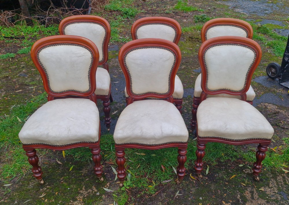 A set of six mid-Victorian mahogany dining chairs with cream upholstered balloon backs, brass studding, and turned front legs on castors.