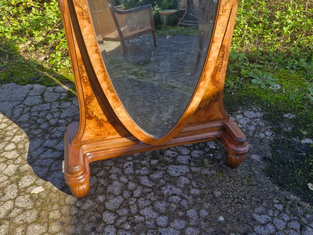 Burr walnut cheval dressing mirror.  View VI