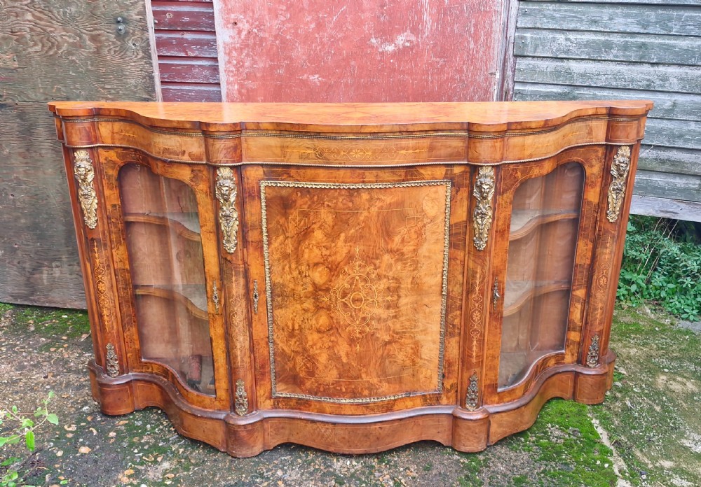 Large Victorian serpentine front inlaid burr walnut side cabinet credenza. 