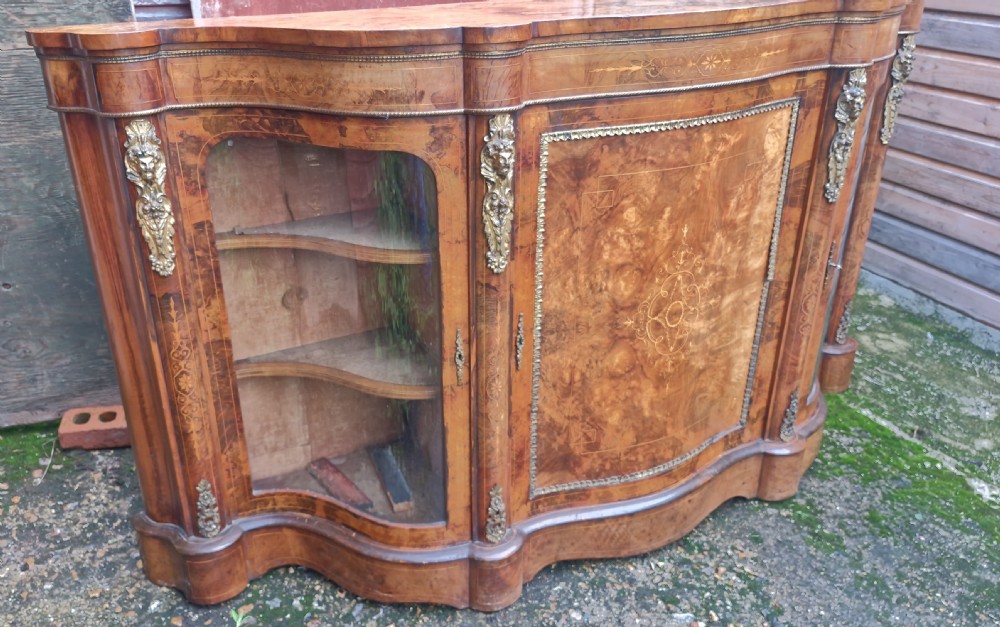 Large Victorian serpentine front inlaid burr walnut side cabinet credenza.  View VIII
