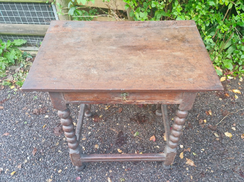 Georgian oak bobbin leg single drawer side table. View V