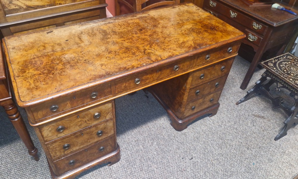 Victorian burr walnut kneehole pedestal writing desk.  View II