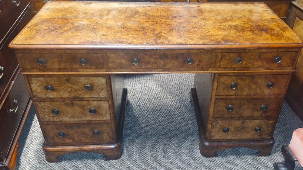 Victorian burr walnut kneehole pedestal writing desk.  View III