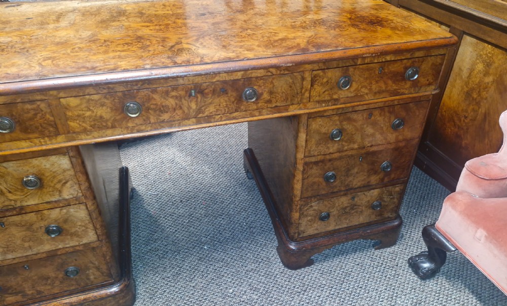 Victorian burr walnut kneehole pedestal writing desk.  View IV