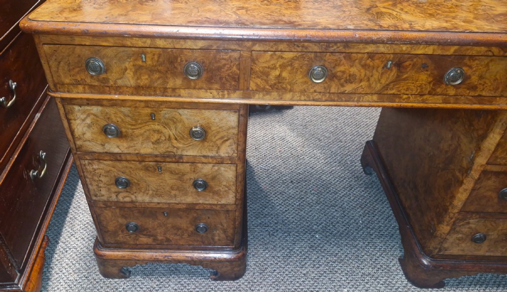 Victorian burr walnut kneehole pedestal writing desk.  View V