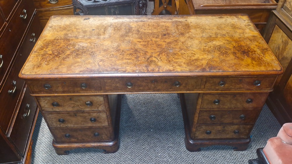 Victorian burr walnut kneehole pedestal writing desk.  View VIII