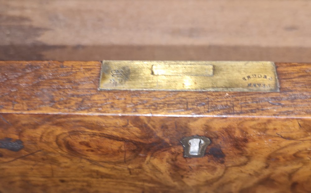 Victorian burr walnut kneehole pedestal writing desk.  View X