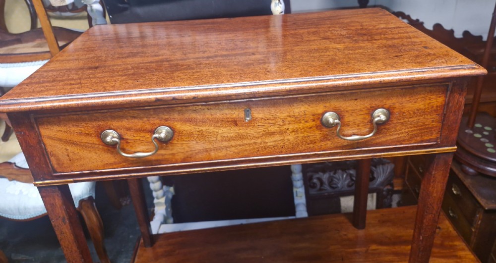 Elegant late Georgian mahogany single drawer side table.  View II