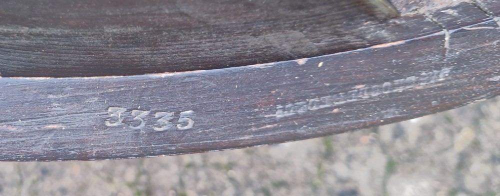 Edwardian inlaid mahogany demi lune games table. Makers stamp.  View III
