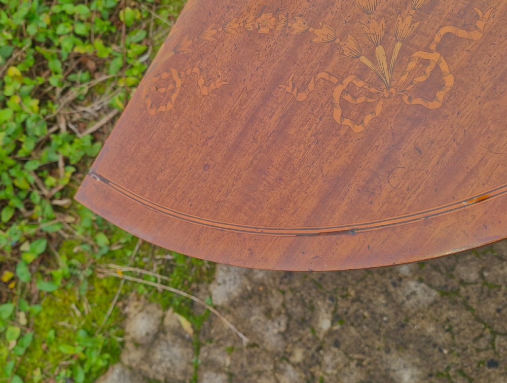 Edwardian inlaid mahogany demi lune games table. Makers stamp.  View VII