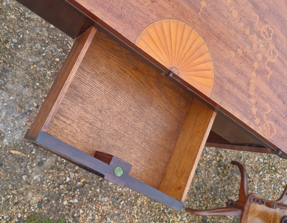 Edwardian inlaid mahogany demi lune games table. Makers stamp.  View IX