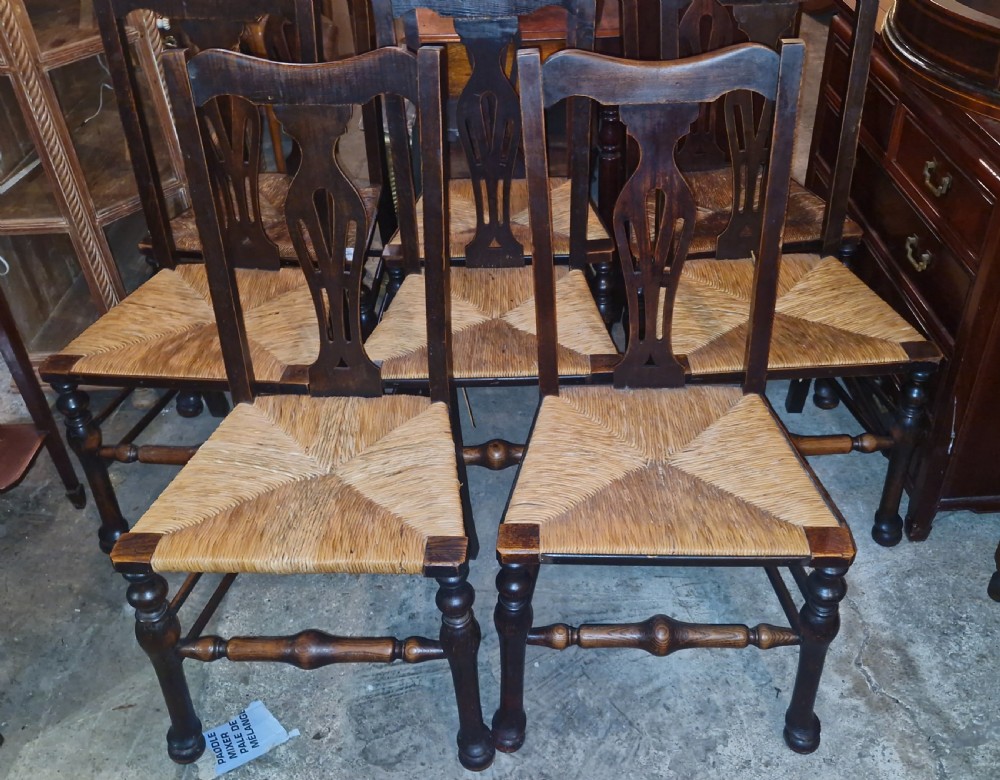 Set of 8 farmhouse rush seat kitchen dining chairs. View II