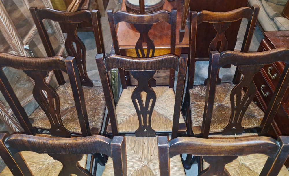 Set of 8 farmhouse rush seat kitchen dining chairs. View V