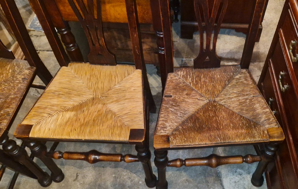 Set of 8 farmhouse rush seat kitchen dining chairs. View VI