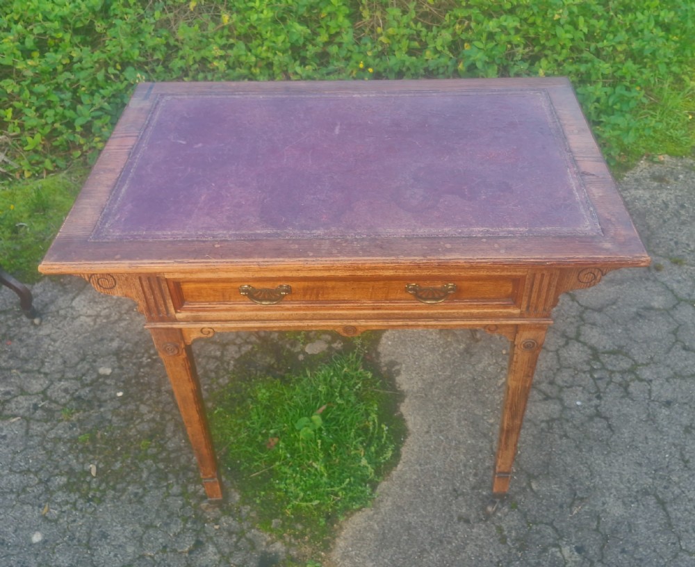 Oak free standing writing table with original leather.  View IV