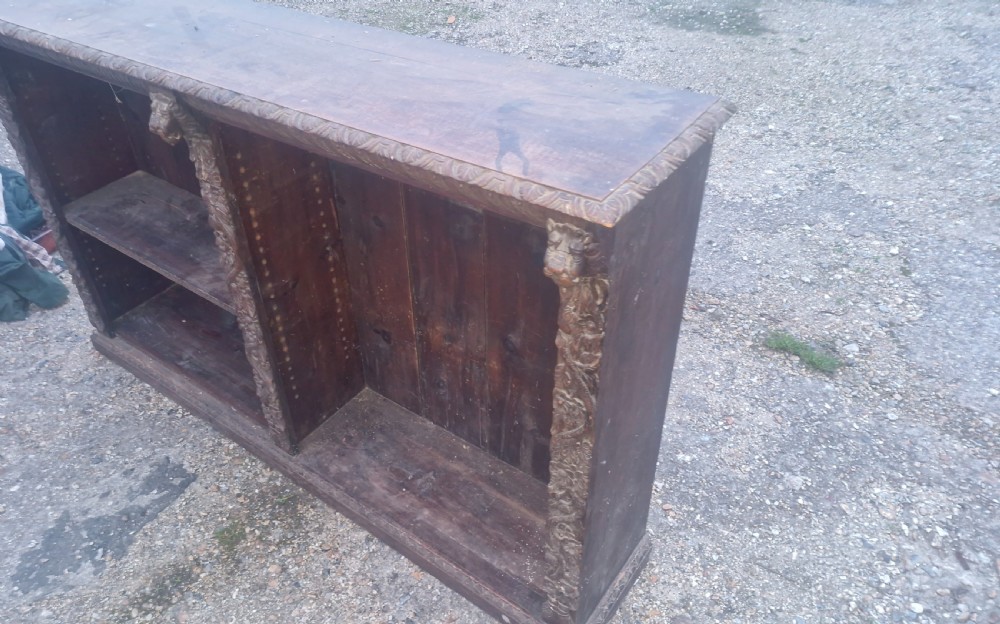 Late Victorian carved oak open bookcase.  View III