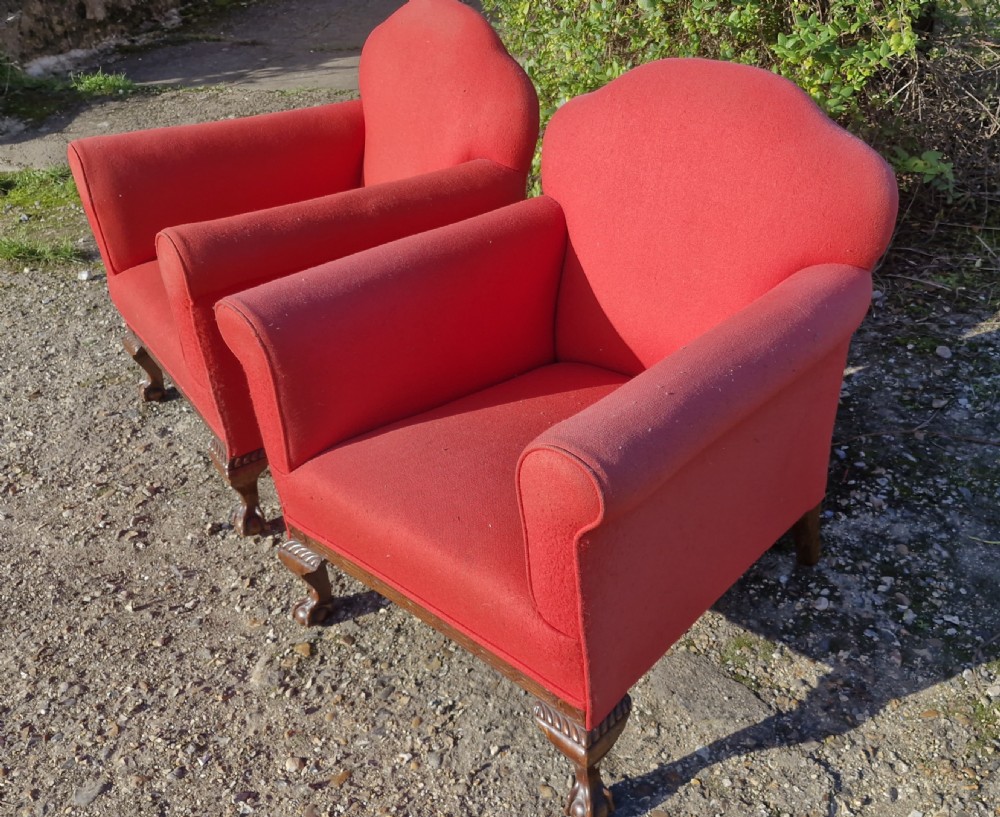 Pair of early 20th century mahogany framed upholstered armchairs.  View II