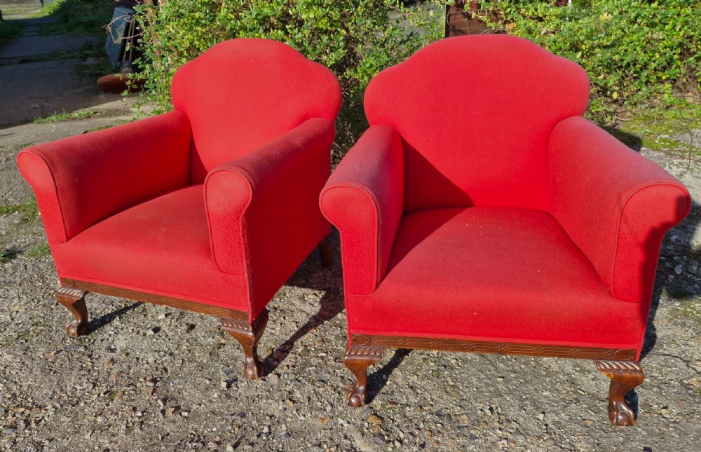 Pair of early 20th century mahogany framed upholstered armchairs.  View III
