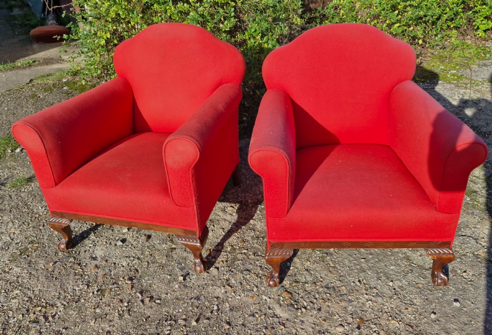 Pair of early 20th century mahogany framed upholstered armchairs.  View IV