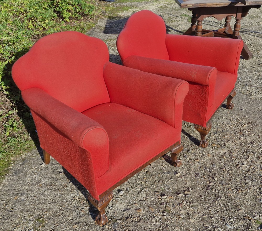 Pair of early 20th century mahogany framed upholstered armchairs.  View V