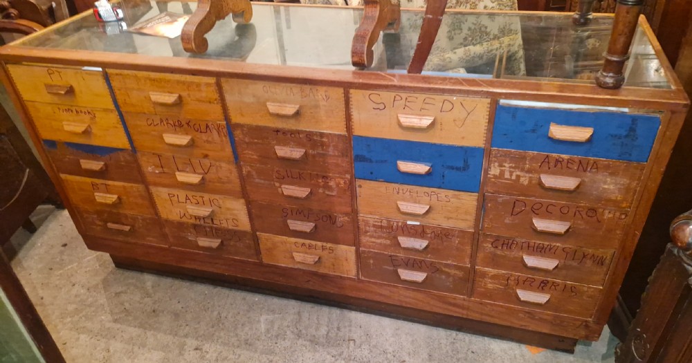 1920s 25 drawer oak haberdashery shop cabinet.  View IX
