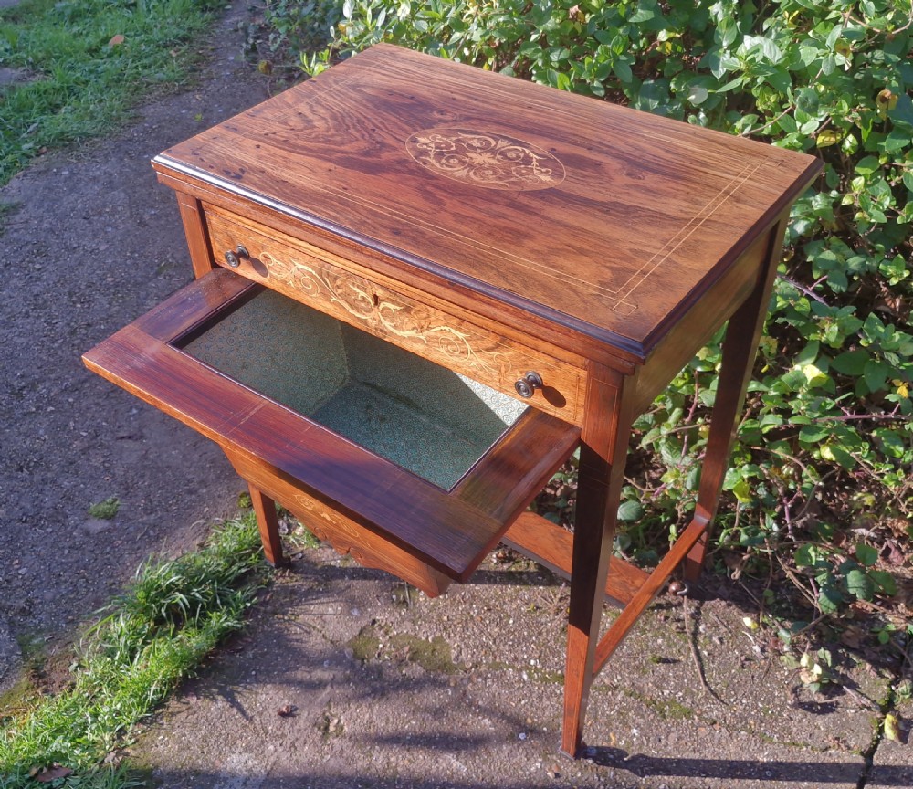 Late Victorian inlaid rosewood combined work and games table.  View III