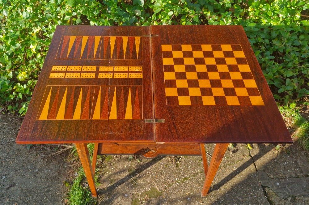 Late Victorian inlaid rosewood combined work and games table.  View V