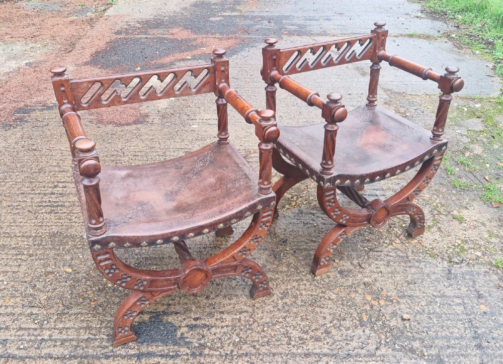 Pair of Late Victorian oak and leather hall armchairs View IV