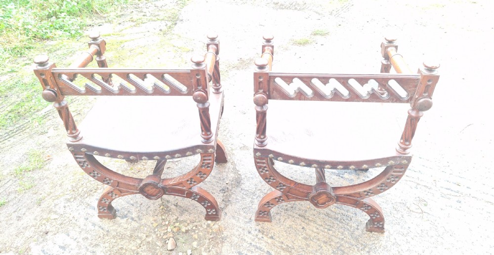 Pair of Late Victorian oak and leather hall armchairs View VI