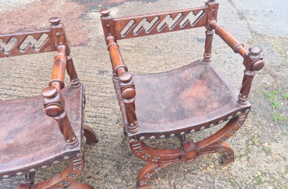 Pair of Late Victorian oak and leather hall armchairs View VII