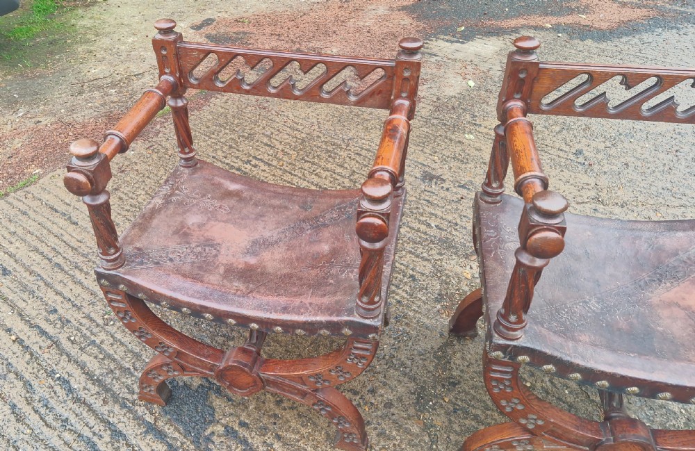 Pair of Late Victorian oak and leather hall armchairs View VIII