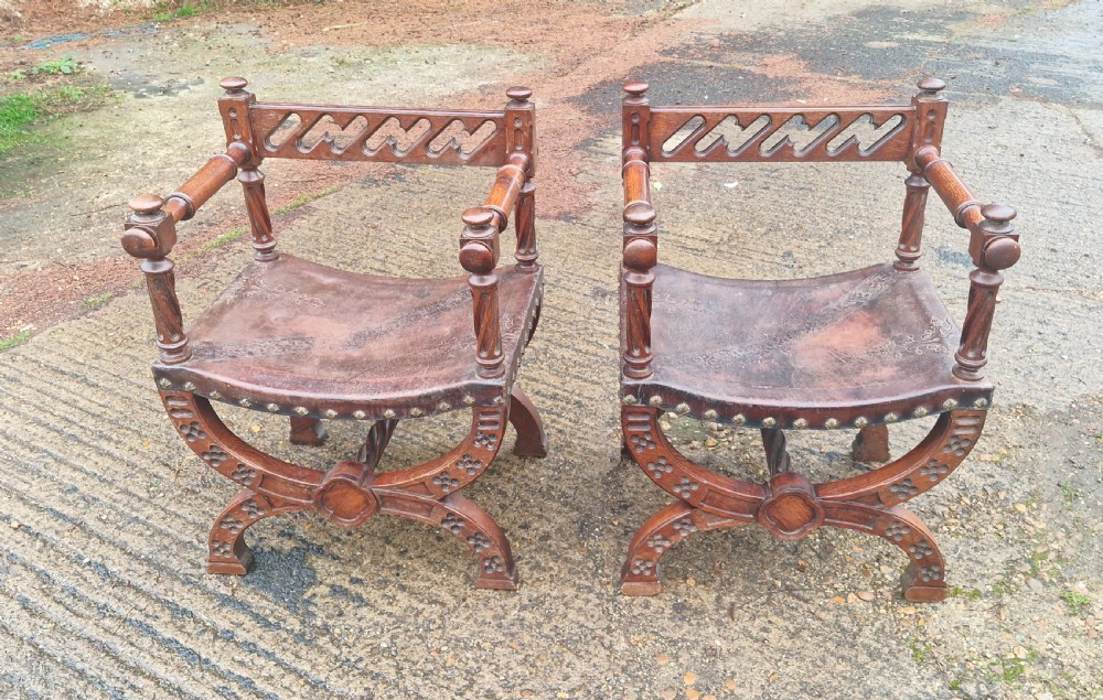 Pair of Late Victorian oak and leather hall armchairs View IX