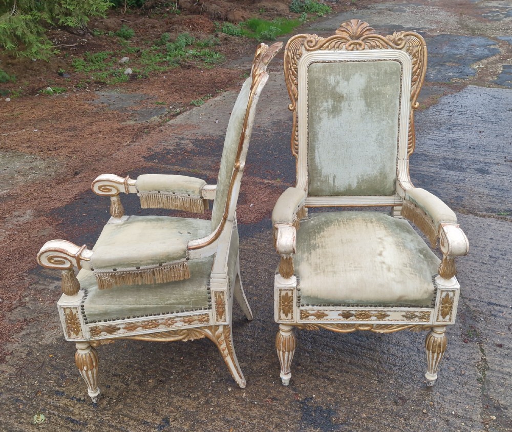 Pair of decorated and upholstered armchairs.  View X