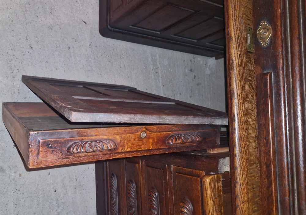 Good large oak roll top pedestal desk. View VII