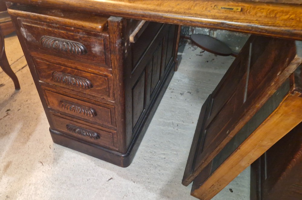 Good large oak roll top pedestal desk. View X