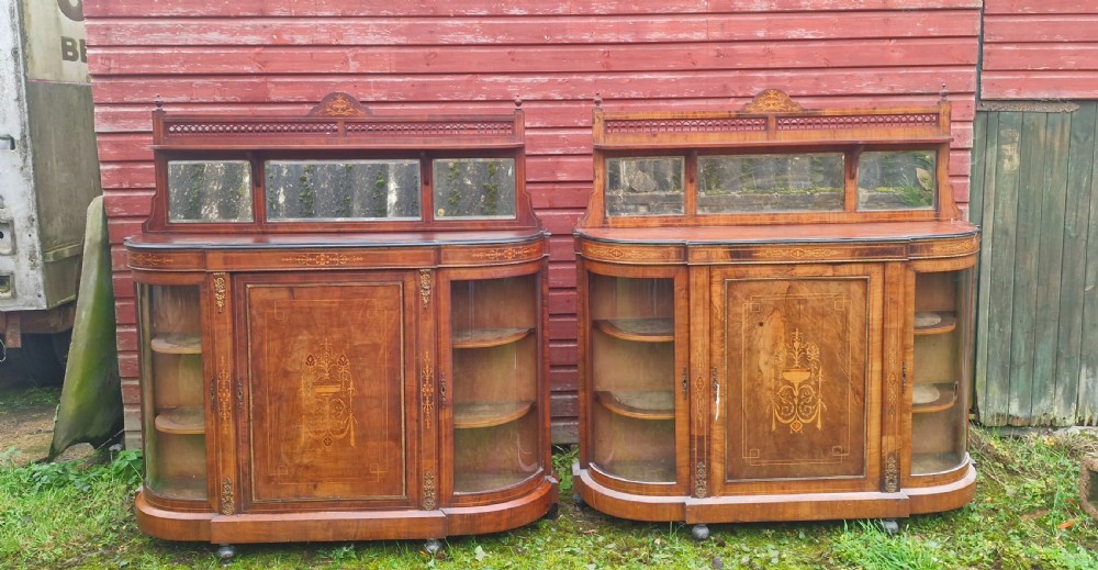 Pair of Victorian inlaid walnut credenza side cabinets with removable backs. View II