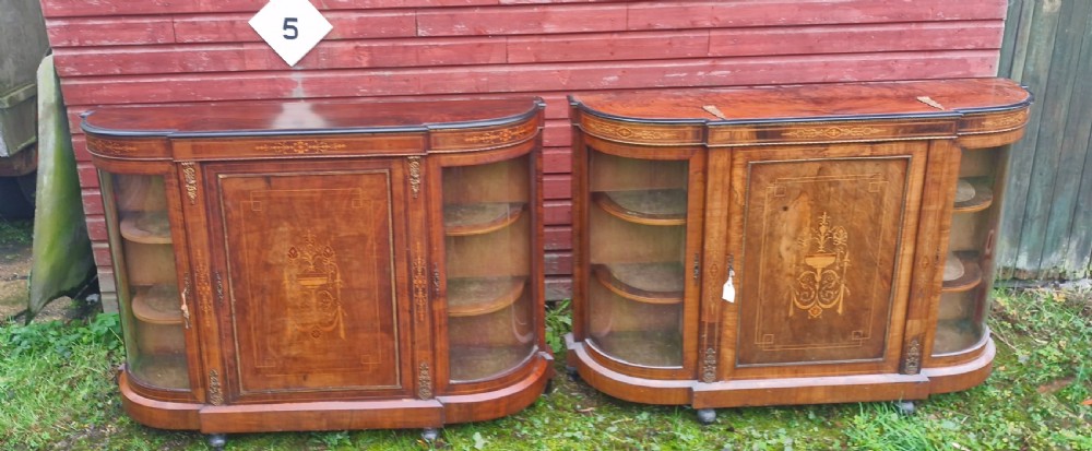 Pair of Victorian inlaid walnut credenza side cabinets with removable backs. View V