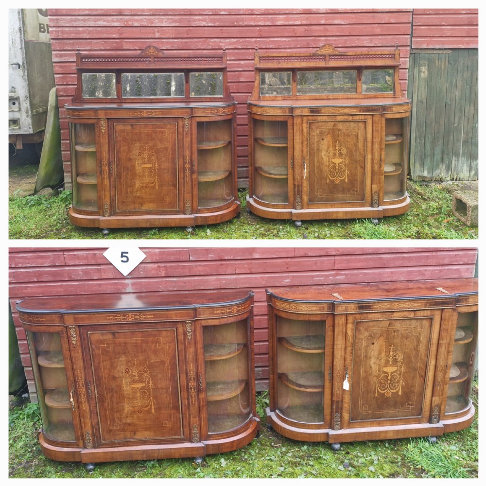 Pair of Victorian inlaid walnut credenza side cabinets with removable backs. View VI