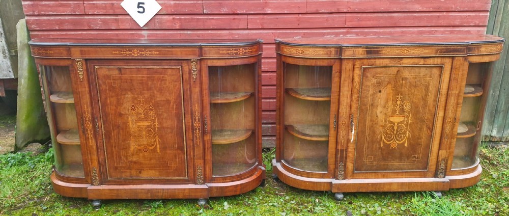 Pair of Victorian inlaid walnut credenza side cabinets with removable backs. View IX