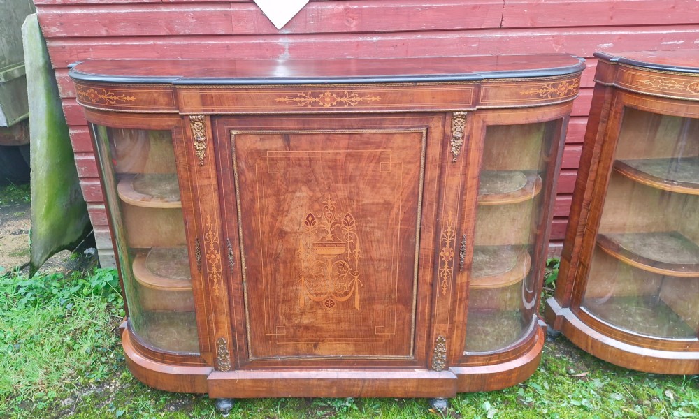 Pair of Victorian inlaid walnut credenza side cabinets with removable backs. View X