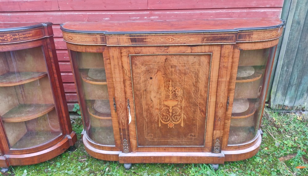 Pair of Victorian inlaid walnut credenza side cabinets with removable backs. View XIII