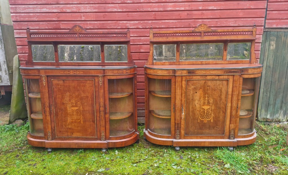 Pair of Victorian inlaid walnut credenza side cabinets with removable backs. View XIV